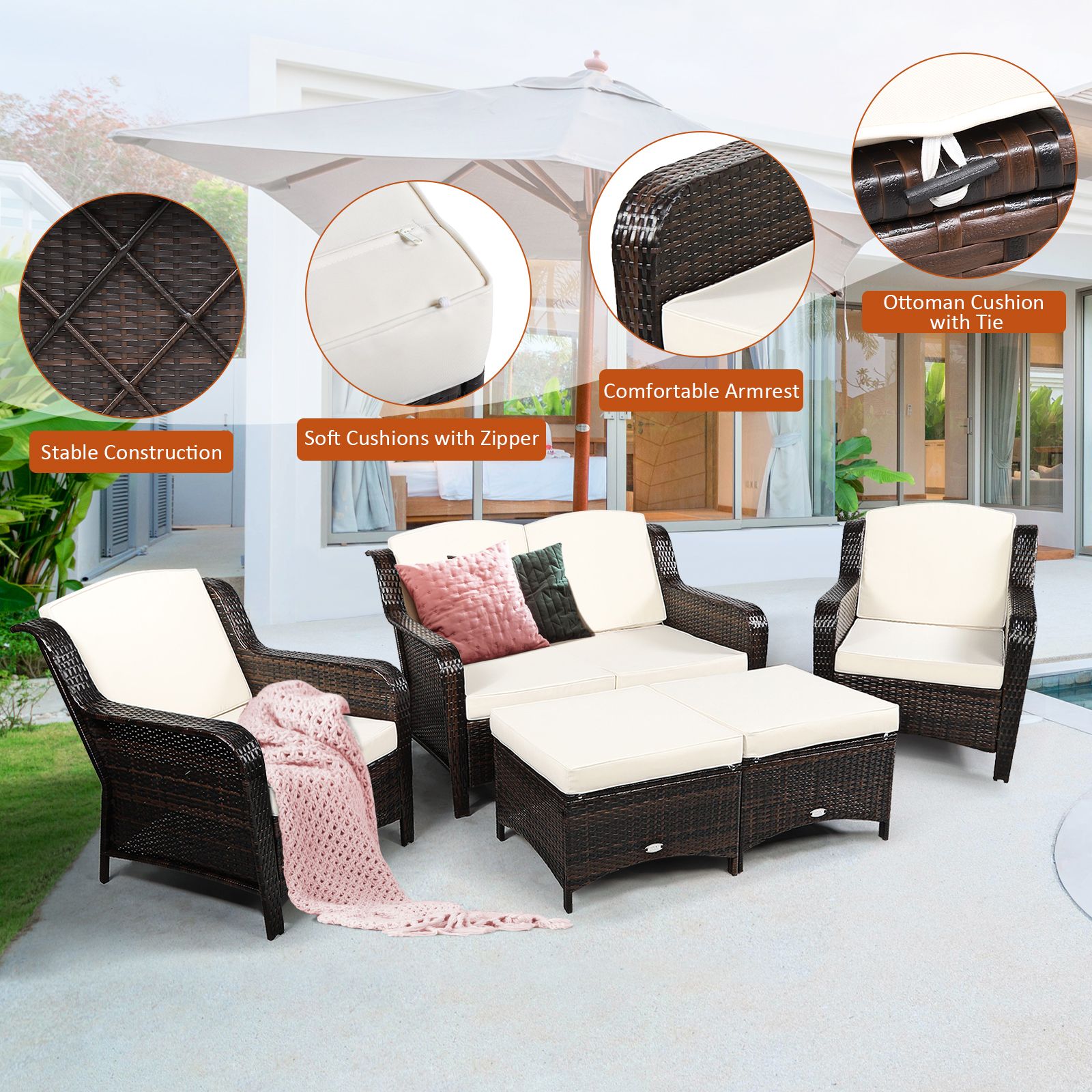 5 Pieces Patio Furniture Set with Removable Cushions and Strong Frame